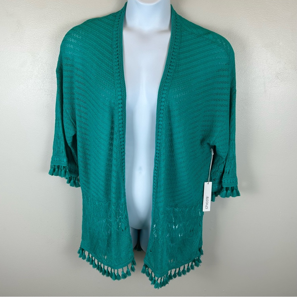 Chicos Crochet Tassel Cardigan Womens XL (3) Tropical Jade Green New With Tags